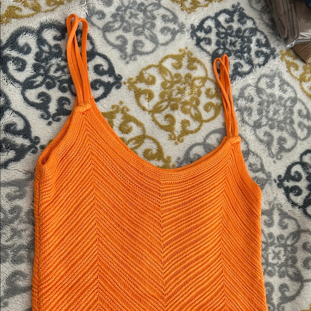 Handmade Y2K Orange Chevron Knit Tank Top Handkerchief Hem Spaghetti Strap XS S - Picture 6 of 8